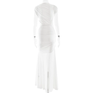 Detail of white sleeveless maxi dress featuring back ruching and elegant mermaid hemline