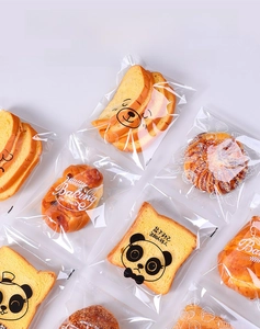 Detail view of transparent OPP bread bags featuring cute cartoon bear and panda designs