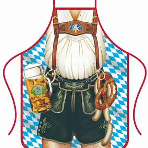 Bavarian style Oktoberfest apron with lederhosen print and blue checkered background