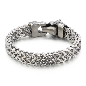 Men's retro wolf head double-layer foxtail chain bracelet in silver stainless steel