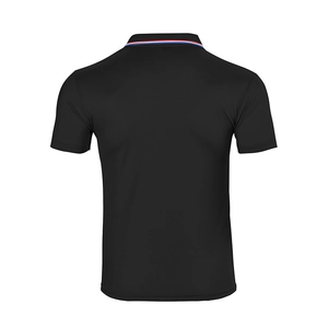 Rear view of black short-sleeved polo shirt with red white and blue striped collar detail