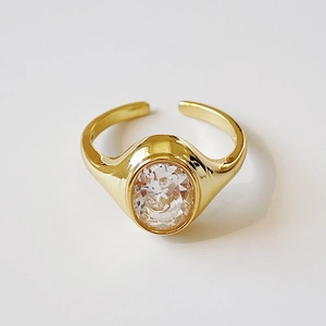 925 Sterling Silver Ring 18K Gold Plated Oval Zircon Minimalist Adjustable Open Band Jewelry Gift For Women Vintage