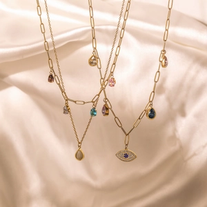 Evil Eye Pendant Necklace Titanium Steel With Colorful Zircon Water Drop Charms For Women Bohemian Minimalist Jewelry