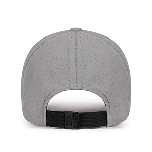 Quick-dry grey baseball cap with laser-cut holes and adjustable strap back view