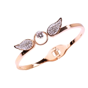 Rose gold angel wings bangle with sparkling zircon stones and spring opening clasp