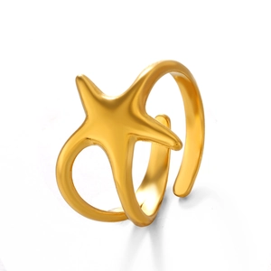 Gold starfish open ring in stainless steel with a matte finish on a white background