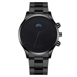 Men's fashion quartz watch with black metal strap, moon phase dial and sub-seconds