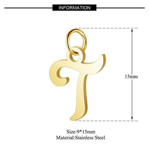 Macro detail of a 15mm golden stainless steel letter R pendant with size measurements