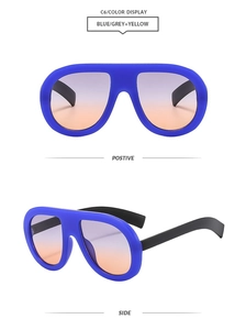 Front and side views of electric blue aviator sunglasses with gradient grey-yellow lenses
