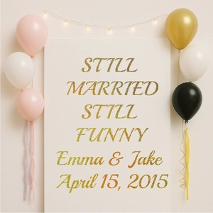 Detail of 3-inch gold glitter alphabet stickers on customized wedding anniversary poster
