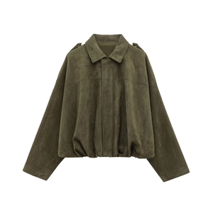 Short olive green faux suede bomber jacket with turn-down collar and drop shoulders