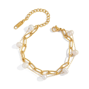 Elegant gold-plated stainless steel double-layer bracelet with natural freshwater pearls