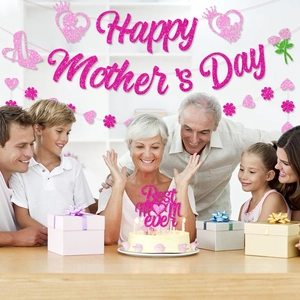 Pink glitter Happy Mother's Day banner and Best Mom Ever cake topper in home party setting