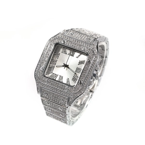 Hip hop silver square dial watch for men with roman numerals and full diamond crystals