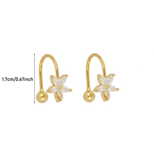 Detail showing gold flower earrings with clear zircon stones and 1.7cm size dimension