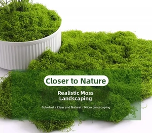 Close-up of vibrant green artificial moss turf texture for micro landscape decoration
