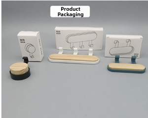 Minimalist wooden wall hooks in three sizes with premium white box packaging display