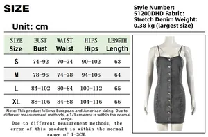 Size chart for the distressed elastic denim mini dress with measurements in centimeters