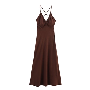 Linen Blend Beaded Maxi Dress Deep V Neck Backless Tie Back Sleeveless Cami Solid Brown Summer Vacation