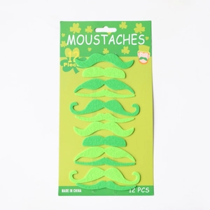 Detail of 12-piece green faux mustache set in retail card packaging for parties