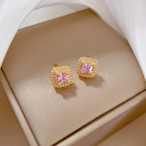 Titanium steel square pink crystal earrings with diamond halo in beige jewelry box
