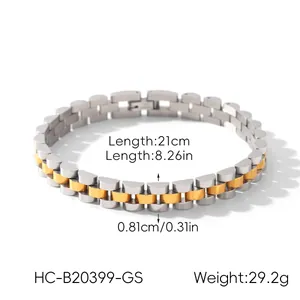 Detailed dimensions of dual-tone 18k gold plated stainless steel watch strap bracelet