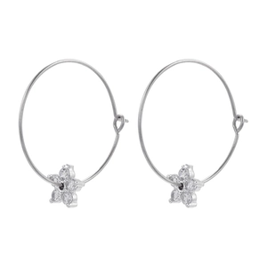 Detail view of silver floral hoop earrings featuring micro-set zircon flower charms