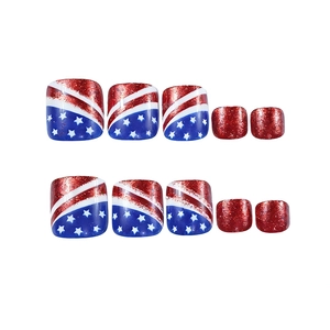 Detailed view of American flag pattern glitter press-on toenails in red, white and blue