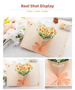 Detailed view of a 3D sunflower bouquet card with a decorative bow and thanks message