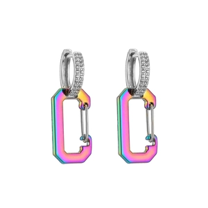 Detailed close-up of rainbow gradient carabiner earrings with sparkling zircon micro-pave
