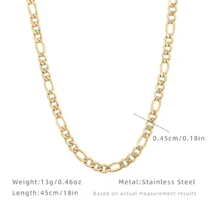Detail showing 45cm Figaro chain in 18K gold plated stainless steel with size specs