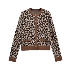 Cárdigan de Punto con Estampado de Leopardo Retro para Mujer Cuello Redondo Monobotonadura Manga Larga Ajustado Chaqueta de Moda