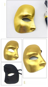 Detailed views of gold Phantom masquerade mask with matte finish and elastic strap