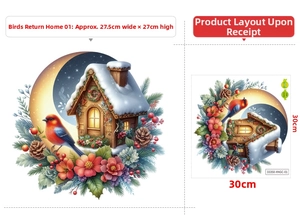 Christmas cottage wall decal with birds and moon, layout and finished 27.5x27cm size view