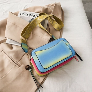 Graffiti style colorful gradient camera bag with wide jacquard strap and leather texture