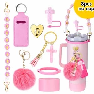 8pcs pink Stanley cup accessories set with glitter cross straw cover and silicone boot