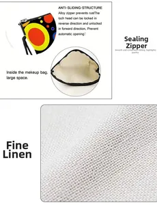Detailed view of fine linen texture and anti-slip alloy zipper on polka dot makeup bag