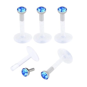 Set of clear acrylic labret studs featuring vibrant blue diamond-like gemstones