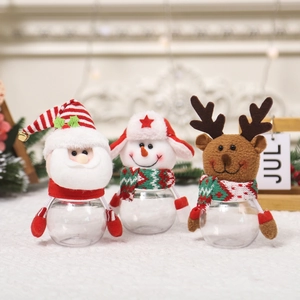 Christmas Candy Jars Transparent PET Plastic Santa Snowman Reindeer Plush Decorative Storage Gift Bottles Desktop Ornament