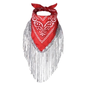 Detail of red paisley bandana with sparkling silver beaded fringe for festive parties