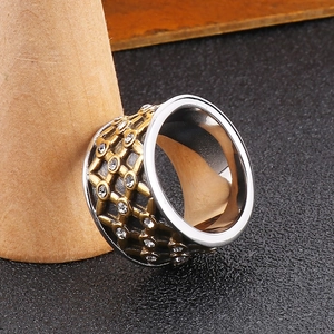 Hip hop cuban link gold and silver tone wide ring with rhinestones for men