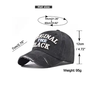 Detailed size chart for washed black baseball cap featuring 3D embroidery measurements