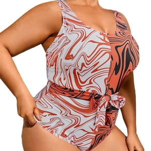 Plus size one-piece swimsuit with asymmetric marble print and a waist tie detail