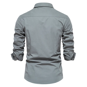 Back view of men's grey long sleeve cotton shirt with rolled cuffs and slim fit design