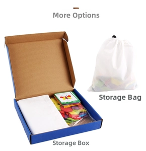 Detailed view of 180pc wooden geometric puzzle pieces with storage bags and instruction cards