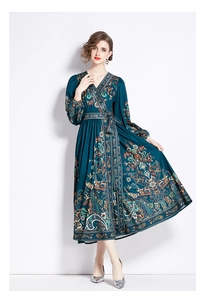 Close-up of teal paisley floral print dress featuring a V-neck and adjustable waist tie