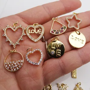 Gold-plated heart and star charm pendants with zircon inlay for jewelry making