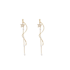 Elegant gold long tassel earrings with star rhinestones and pearls for women
