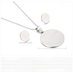 Detailed size specifications for stainless steel ring pendant and matching stud earrings