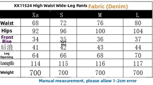 Tableau des tailles pour pantalon en denim à taille haute et jambe large de XS à L